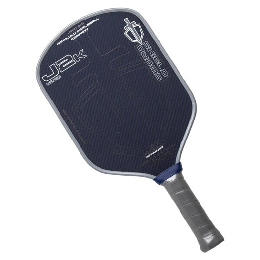 Pickleball paddle with branding on a white background