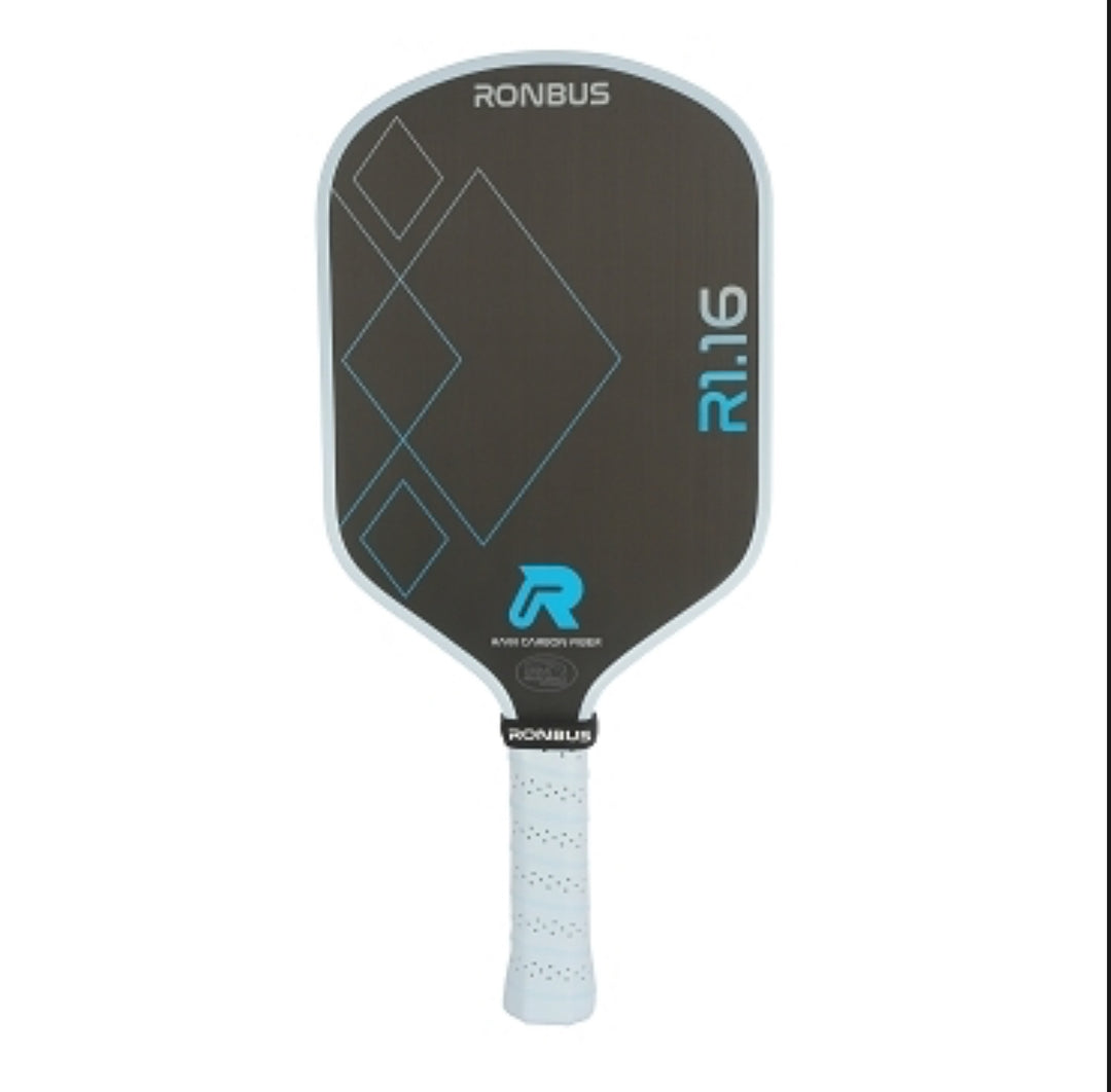 black paddle with blue text and a white handle