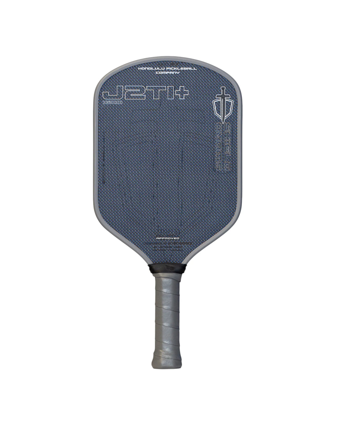 Gray pickleball paddle with branding on a white background