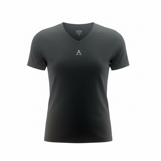 Alpha Women’s Dri-Fit V-neck Tech Shirt — Side View