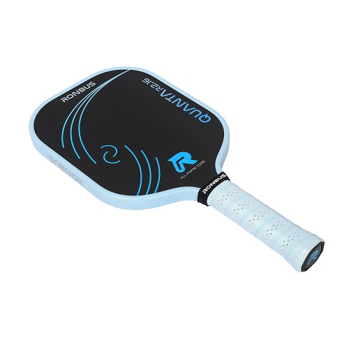 Pickleball paddle with black and blue design on a white background