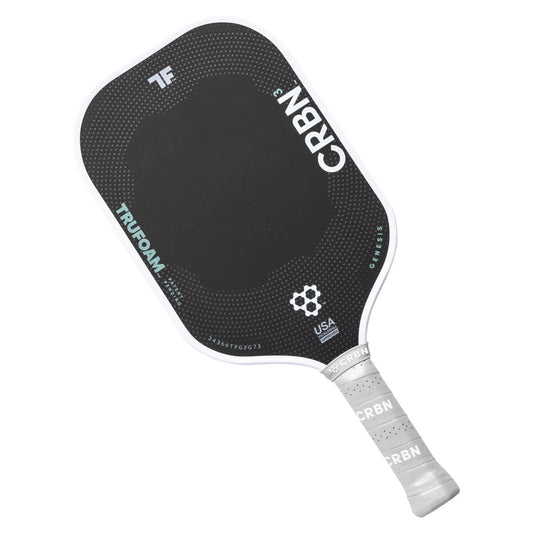 Pickleball paddle with black face and white handle on a white background