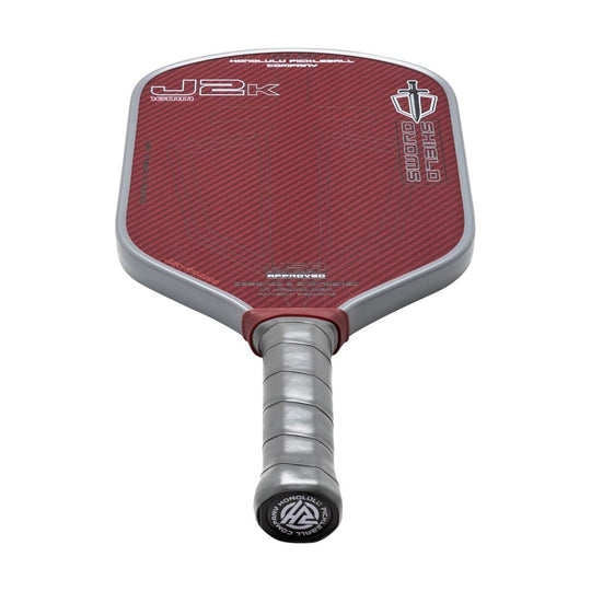 Red and silver pickleball paddle with 'J2K' branding on a white background