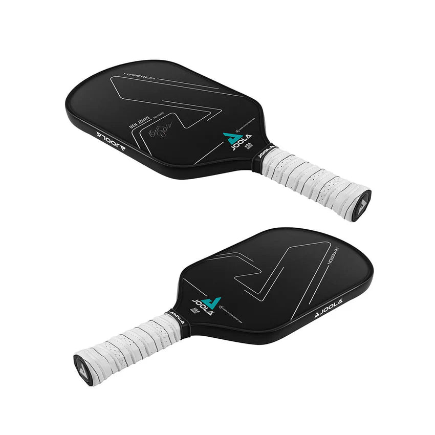 Two black JOOLA Ben Johns Hyperion CFS 16mm pickleball paddles with white handles on a white background