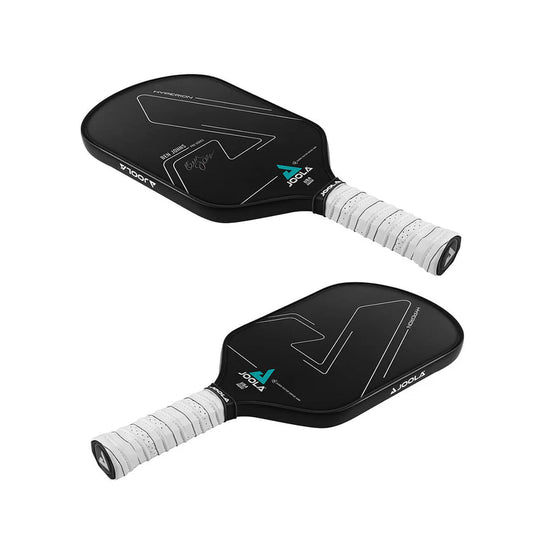 Two black JOOLA Ben Johns Hyperion CFS 16mm pickleball paddles with white handles on a white background