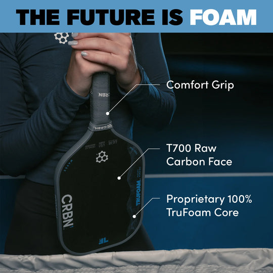 Person holding a paddle with labeled features against a blue background
