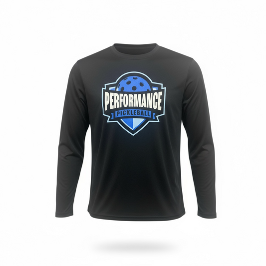 Performance Long Sleeve Shirt: Winter Blue Logo — Close-Up
