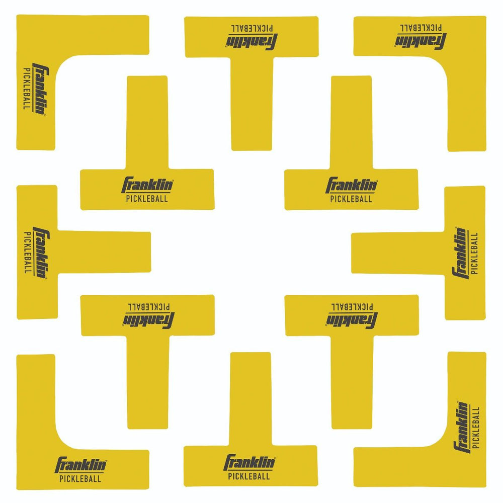 Yellow Franklin Pickleball court markers on a white background