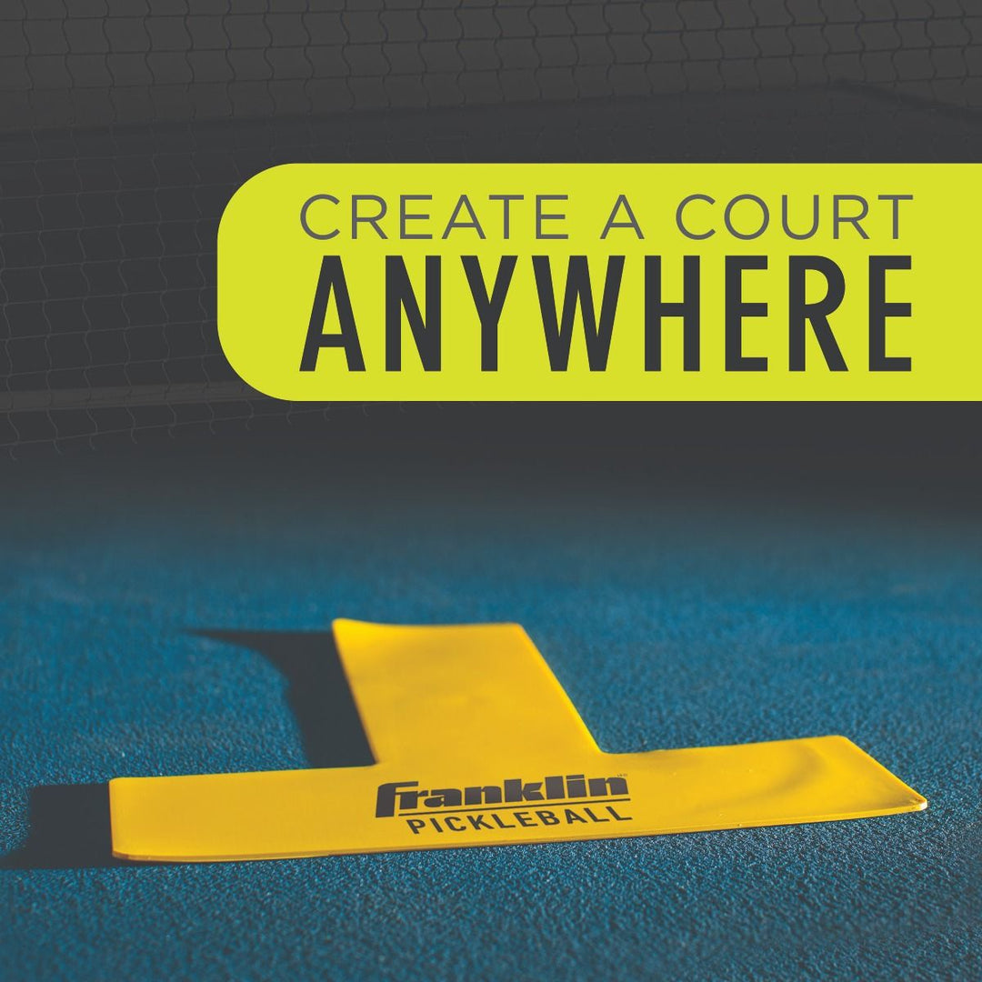 Yellow Franklin Pickleball court marker on a blue surface with text 'Create a Court Anywhere'.