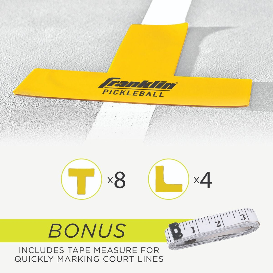 Yellow Franklin pickleball court marking tape with a tape measure on a gray background