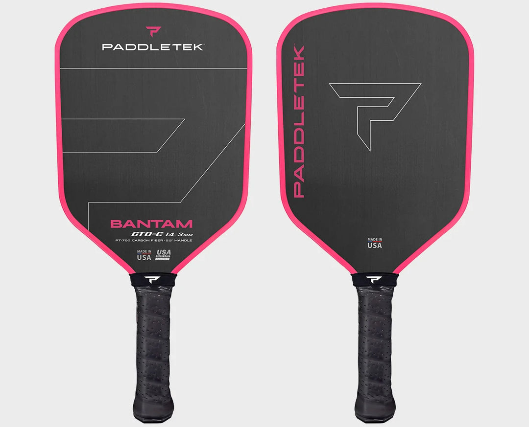 Two black pickleball paddles with 'Paddletek' branding on black background and white log and pink trim and letters.
