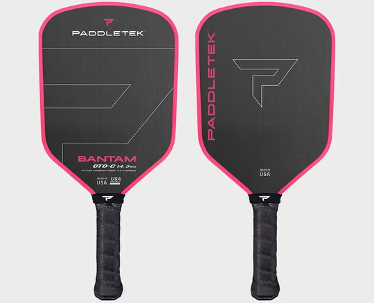 Two black pickleball paddles with 'Paddletek' branding on black background and white log and pink trim and letters.