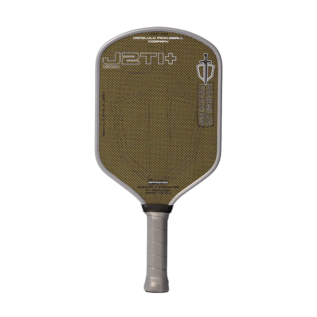 Pickleball paddle with 'J2T+' branding on a white background