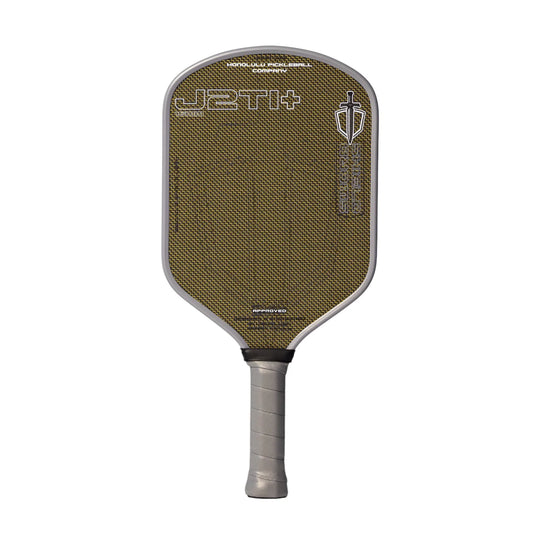 Pickleball paddle with 'J2T+' branding on a white background