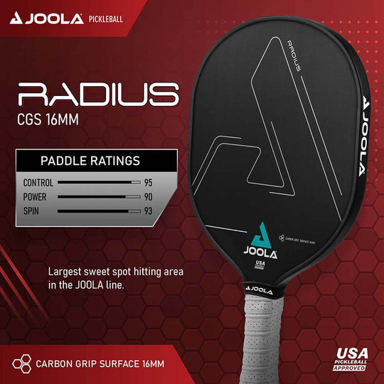 JOOLA Radius pickleball paddle with specifications on a red background