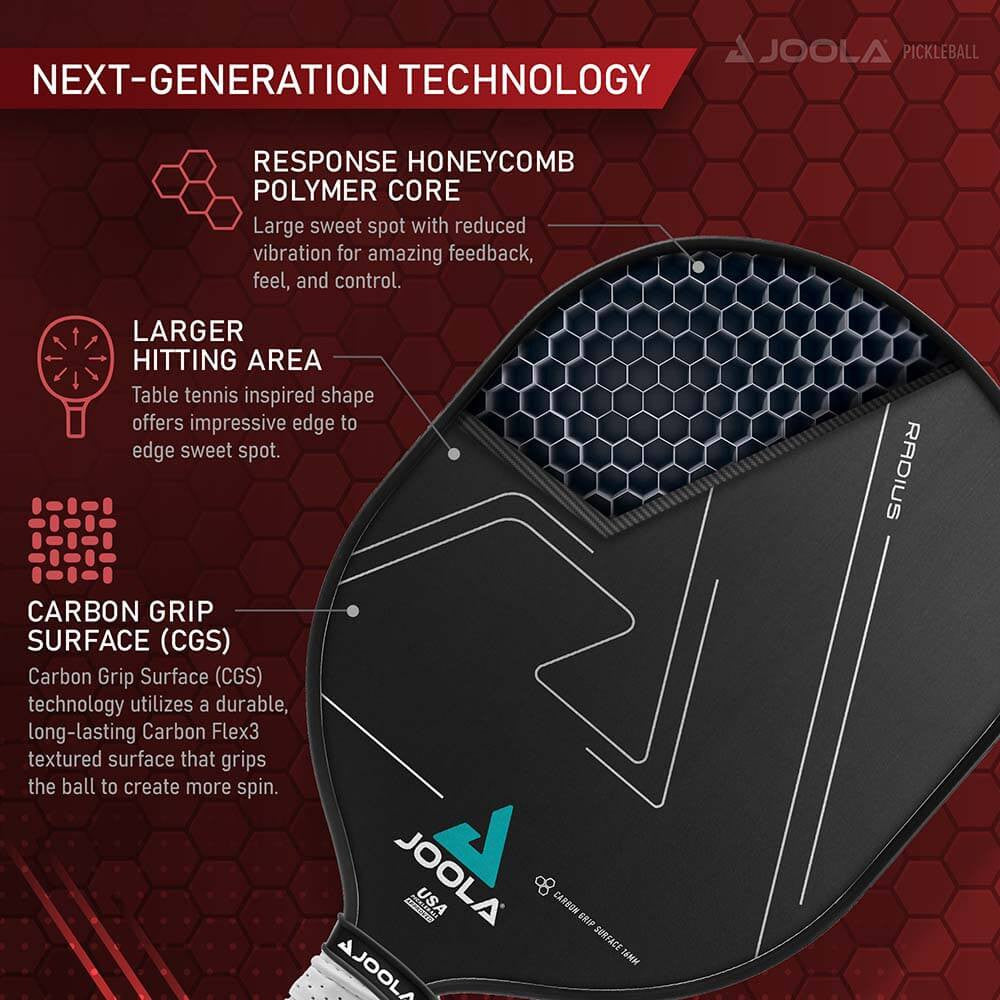 Joola pickleball paddle with text on next-generation technology on a red background