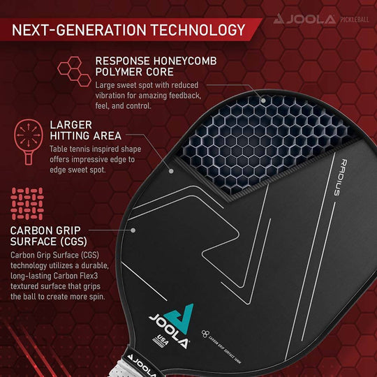 Joola pickleball paddle with text on next-generation technology on a red background
