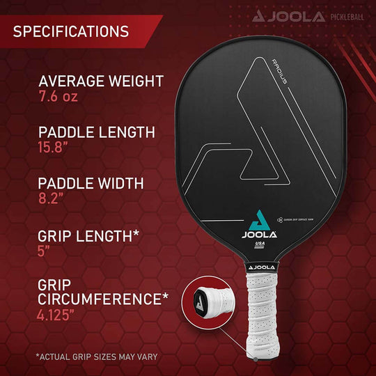 Joola pickleball paddle with specifications on a red background