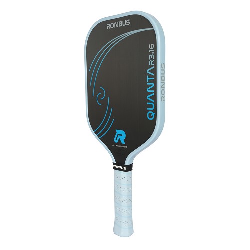 Pickleball paddle with Ronbus  Quanta branding on a black background