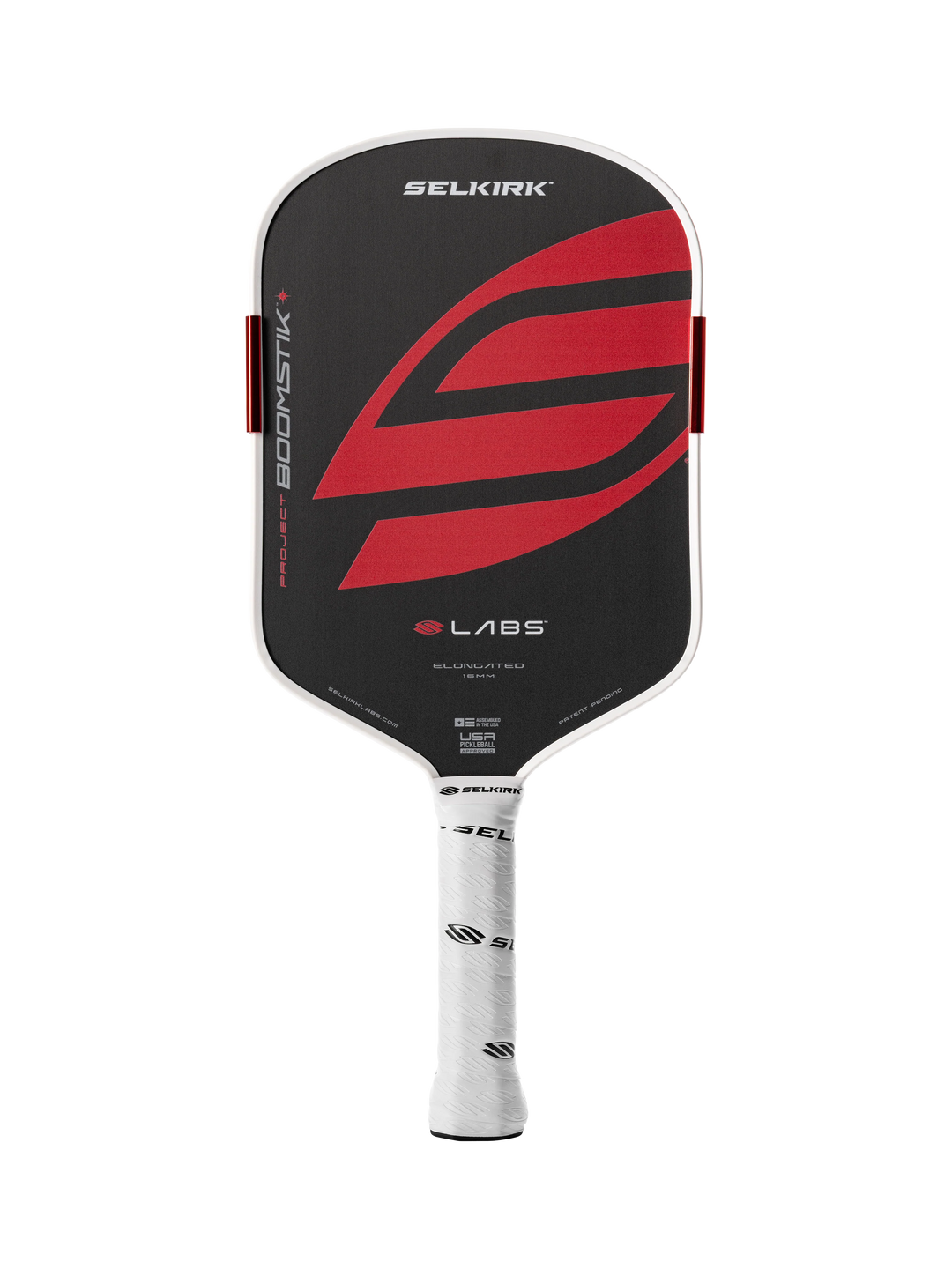 Black and red pickleball paddle with Selkirk branding on a white background