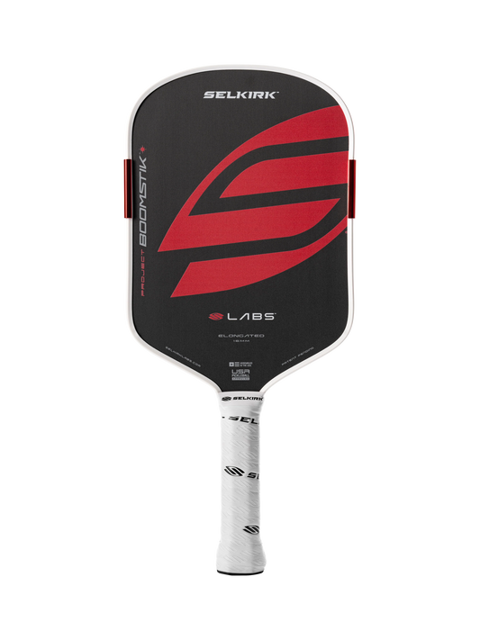 Black and red pickleball paddle with Selkirk branding on a white background