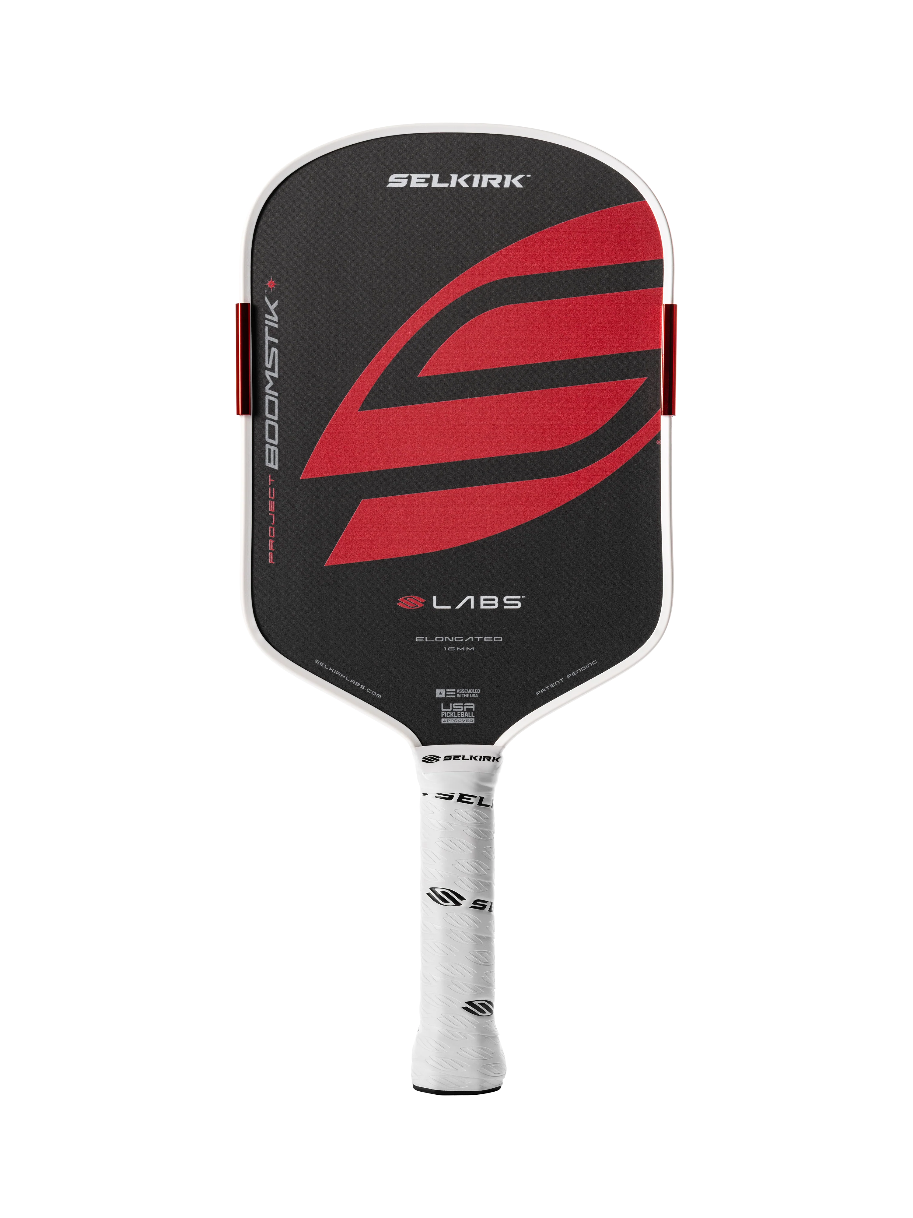 Black and red pickleball paddle with Selkirk branding on a white background