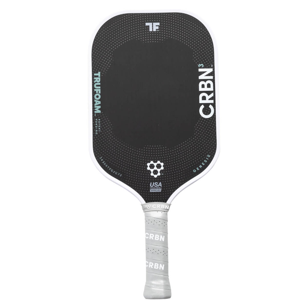 Black pickleball paddle with white text and CRBN branding on a white background