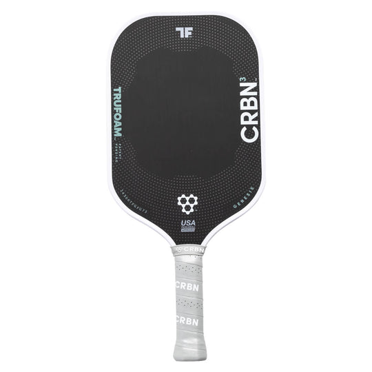 Black pickleball paddle with white text and CRBN branding on a white background