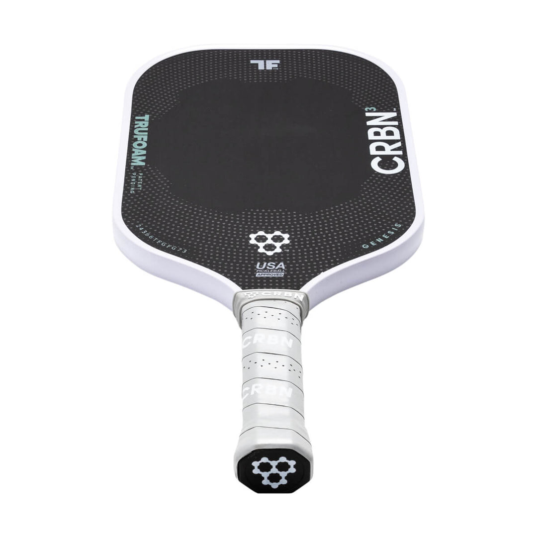 Black and white pickleball paddle with branding on a white background
