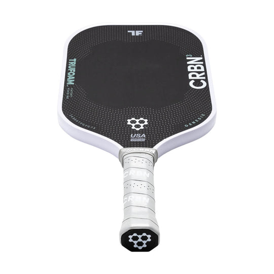 Black and white pickleball paddle with branding on a white background