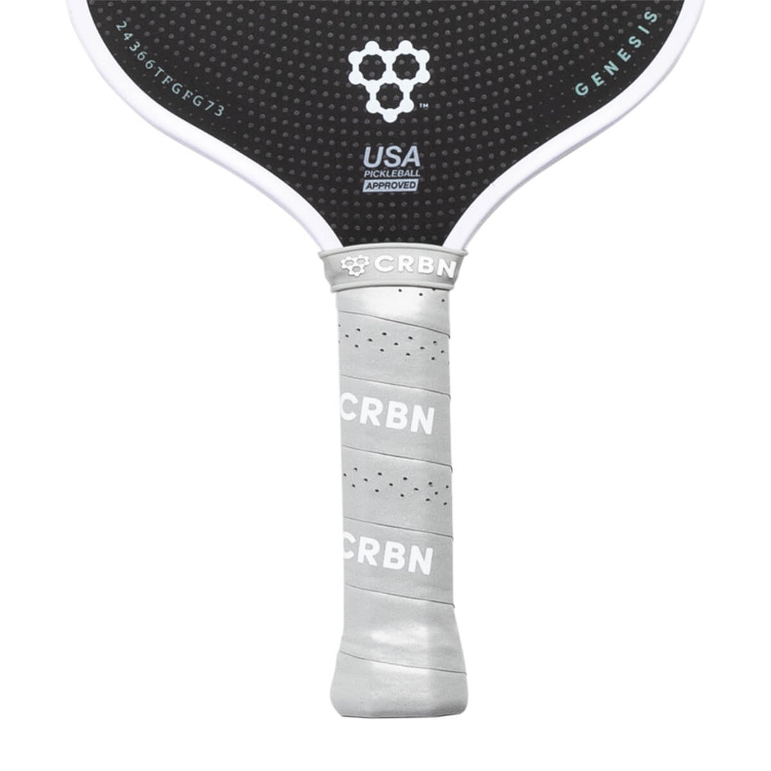 Pickleball paddle with black top and gray handle on a white background