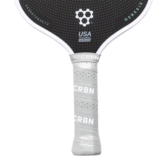 Pickleball paddle with black top and gray handle on a white background