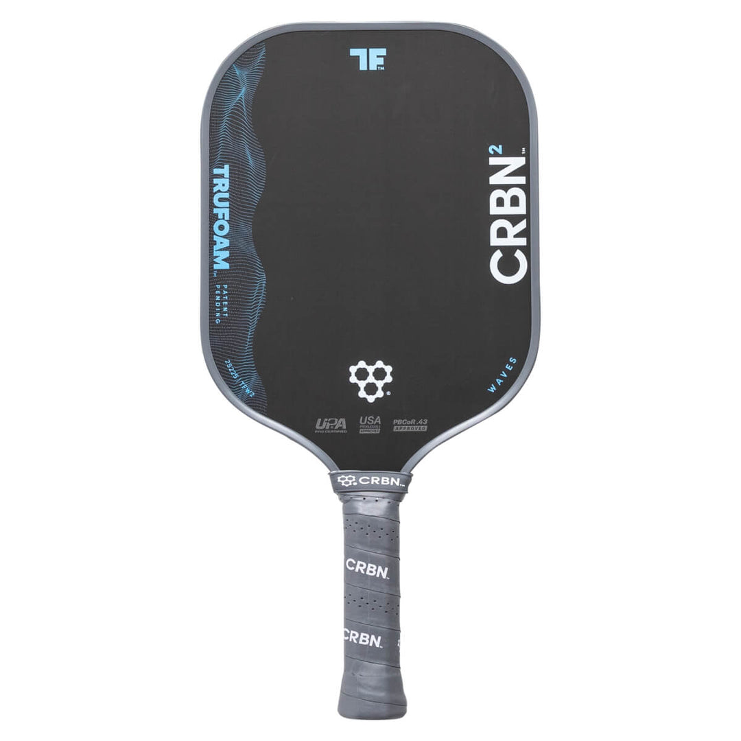 Black pickleball paddle with branding on a white background