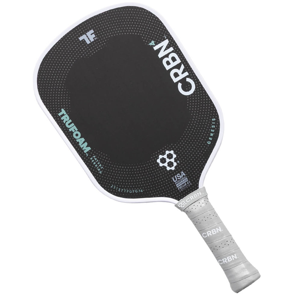 “CRBN⁴ TruFoam Genesis hybrid pickleball paddle with raw T700 carbon face, 14 mm core (Grey/White)”