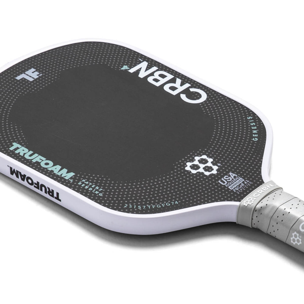 “CRBN⁴ TruFoam Genesis hybrid pickleball paddle with raw T700 carbon face, 14 mm core (Grey/White)”