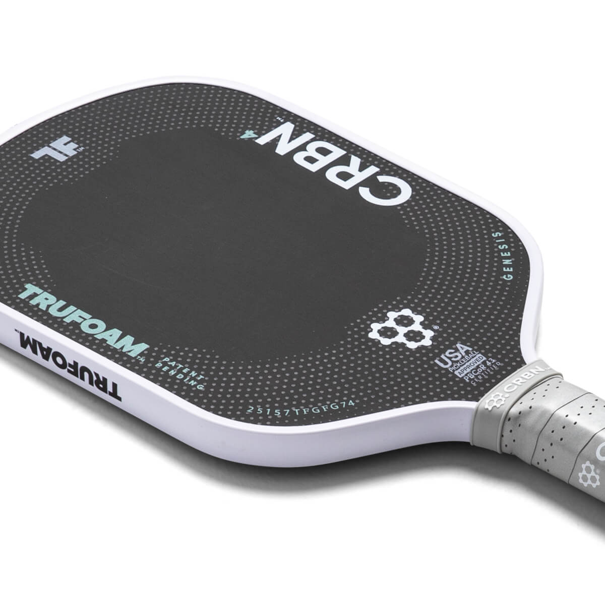 “CRBN⁴ TruFoam Genesis hybrid pickleball paddle with raw T700 carbon face, 14 mm core (Grey/White)”