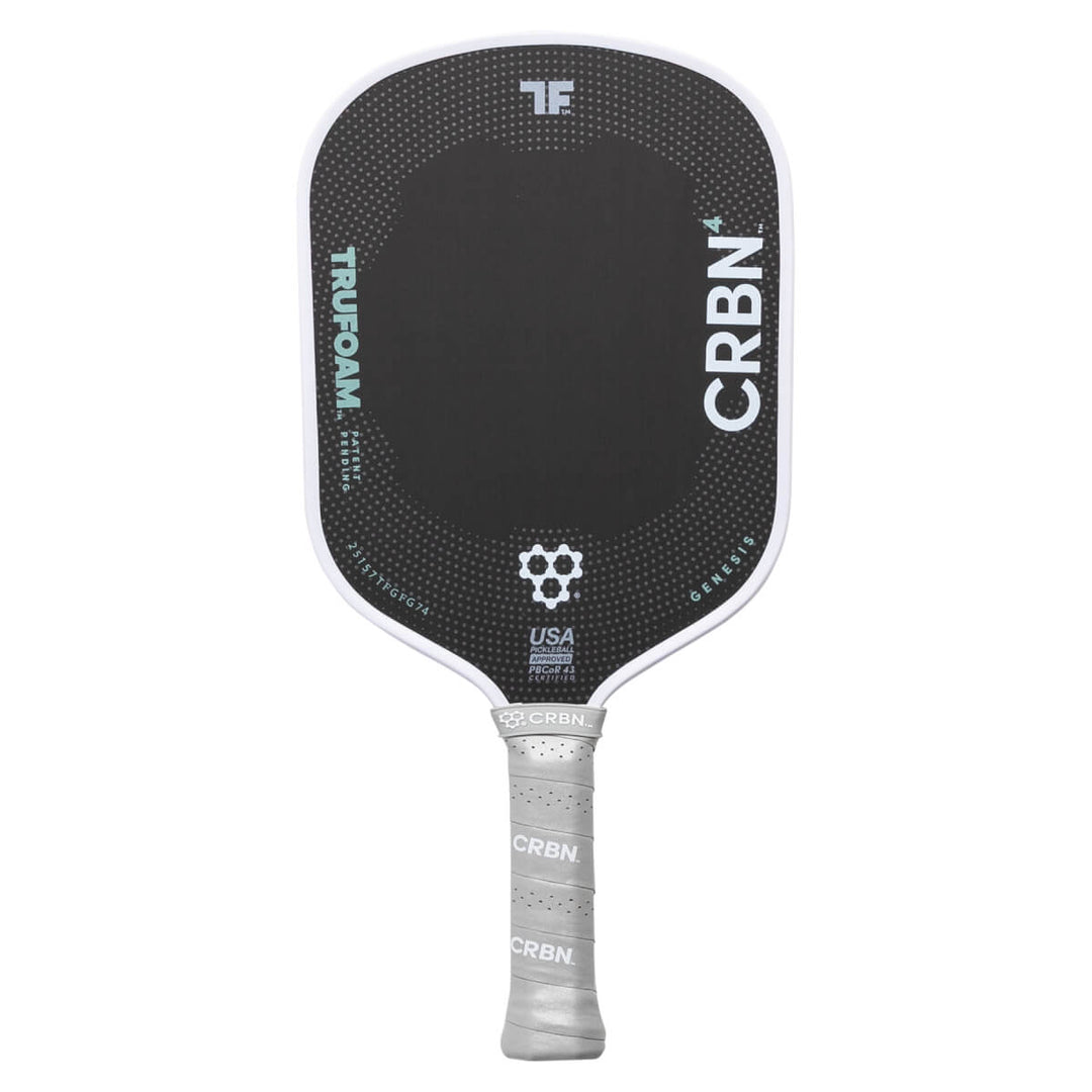 “CRBN⁴ TruFoam Genesis hybrid pickleball paddle with raw T700 carbon face, 14 mm core (Grey/White)”