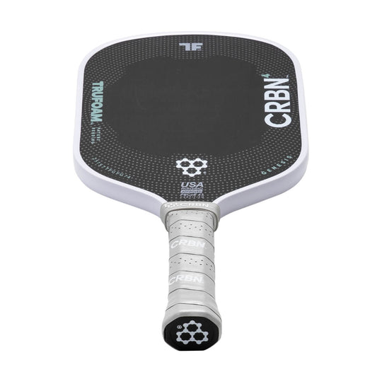 “CRBN⁴ TruFoam Genesis hybrid pickleball paddle with raw T700 carbon face, 14 mm core (Grey/White)”