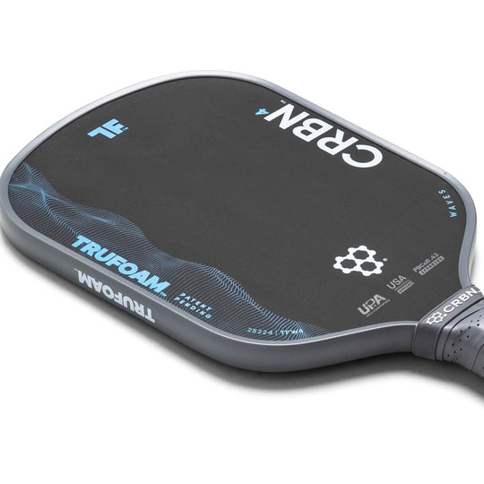 Black pickleball paddle with branding on a white background