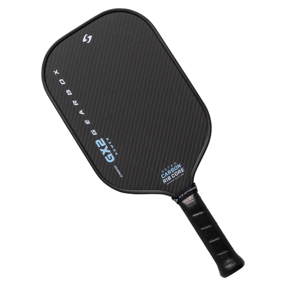 Black pickleball paddle with text on a white background