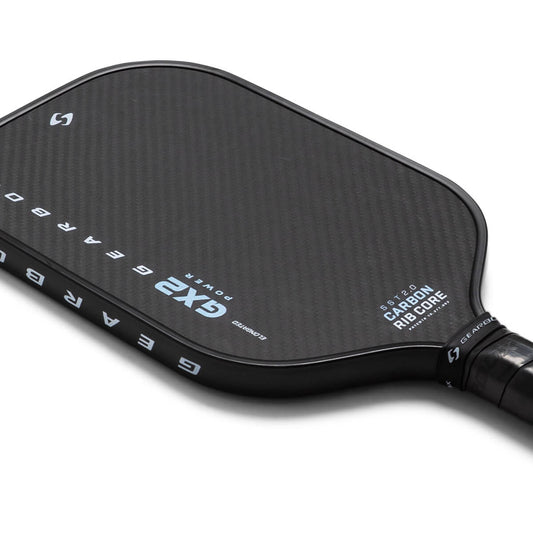Black pickleball paddle with text on a white background
