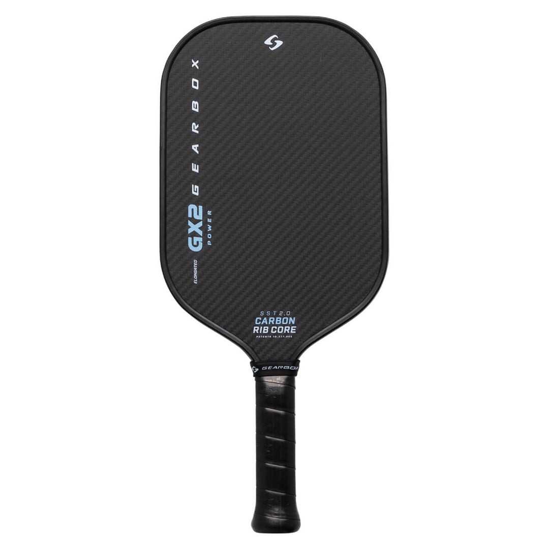 Black pickleball paddle with text on a white background