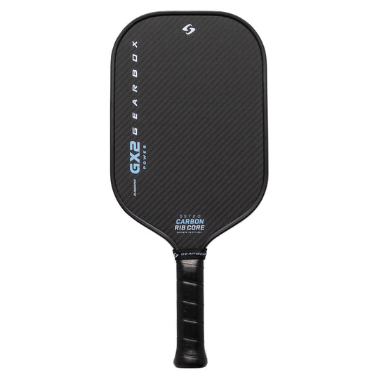 Black pickleball paddle with text on a white background