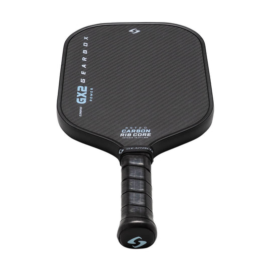 Black pickleball paddle with text on a white background
