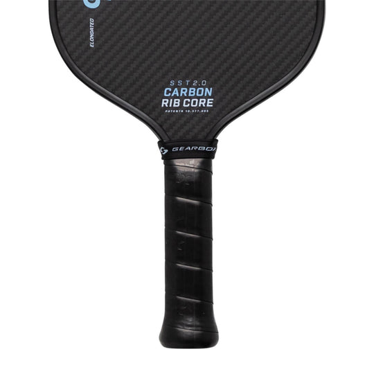 Black pickleball paddle with text on a white background