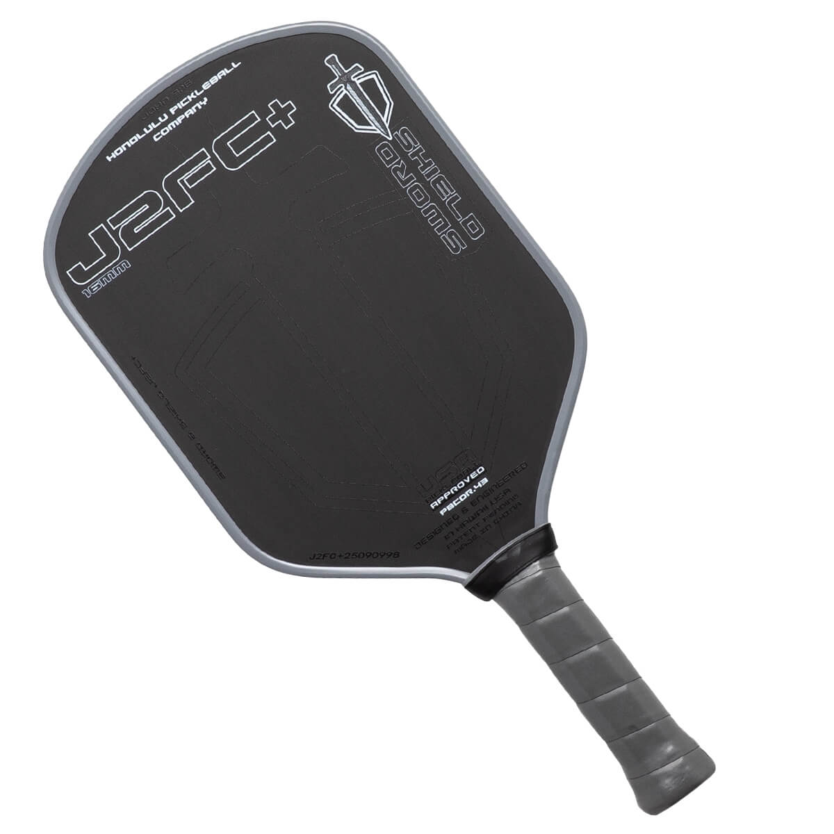 Black pickleball paddle with branding on a white background