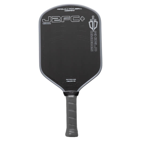 Black pickleball paddle with branding on a white background