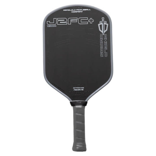 Black pickleball paddle with branding on a white background