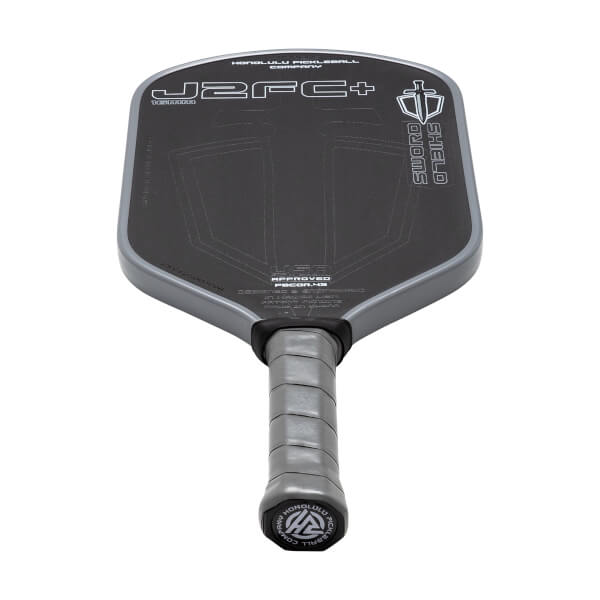 Pickleball paddle with 'J2FC+' branding on a white background