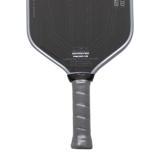 Pickleball paddle with black face and gray handle on a white background